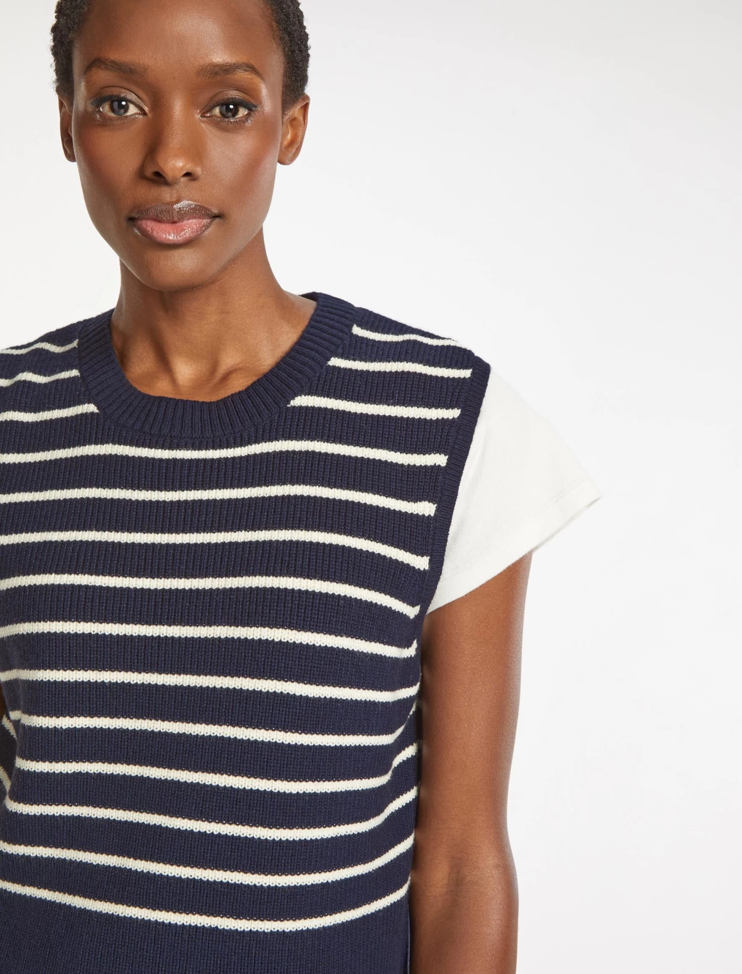 Julie Cotton Round Neck Sleeveless Jumper - Navy White Stripe - Image 3