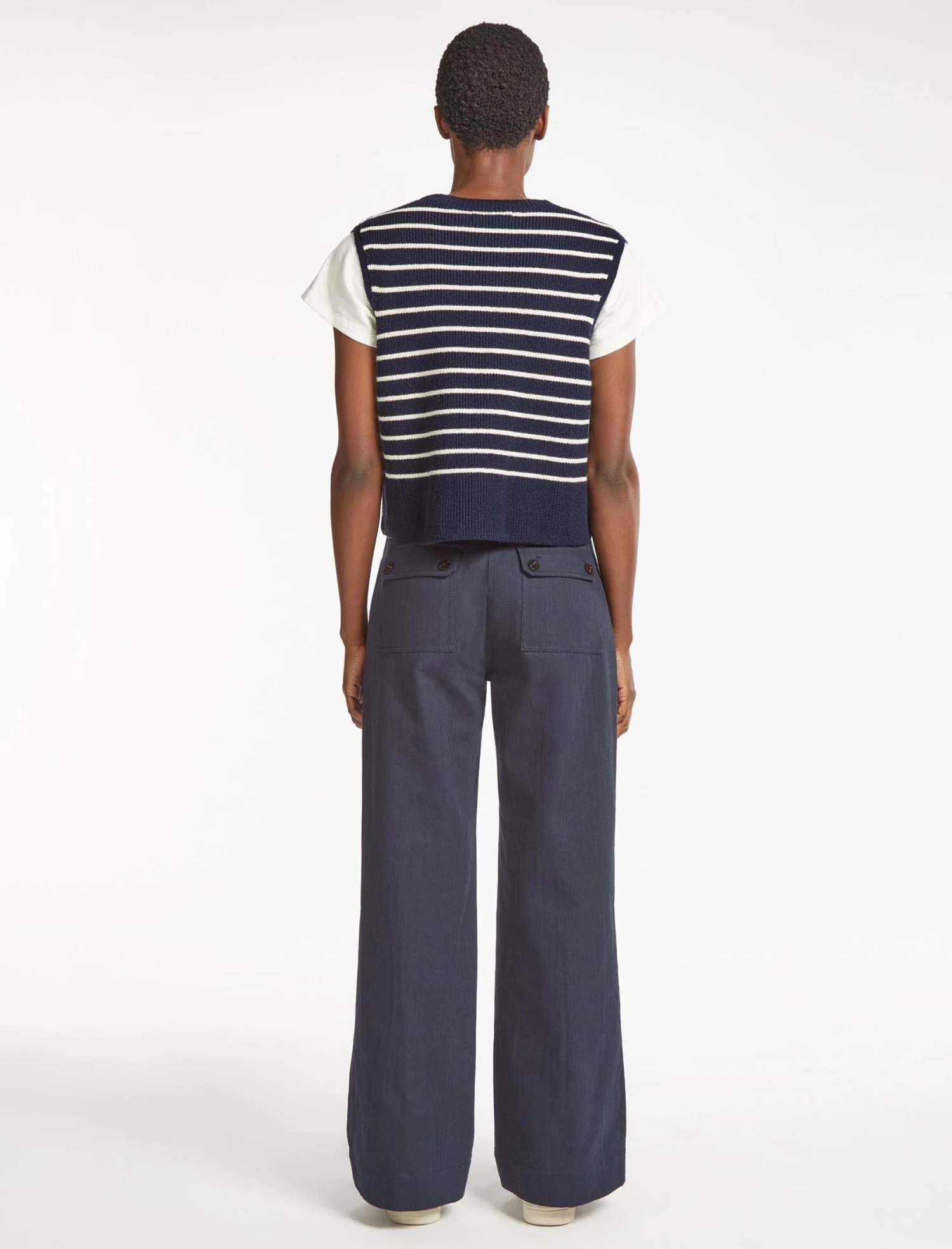 Julie Cotton Round Neck Sleeveless Jumper - Navy White Stripe - Image 5