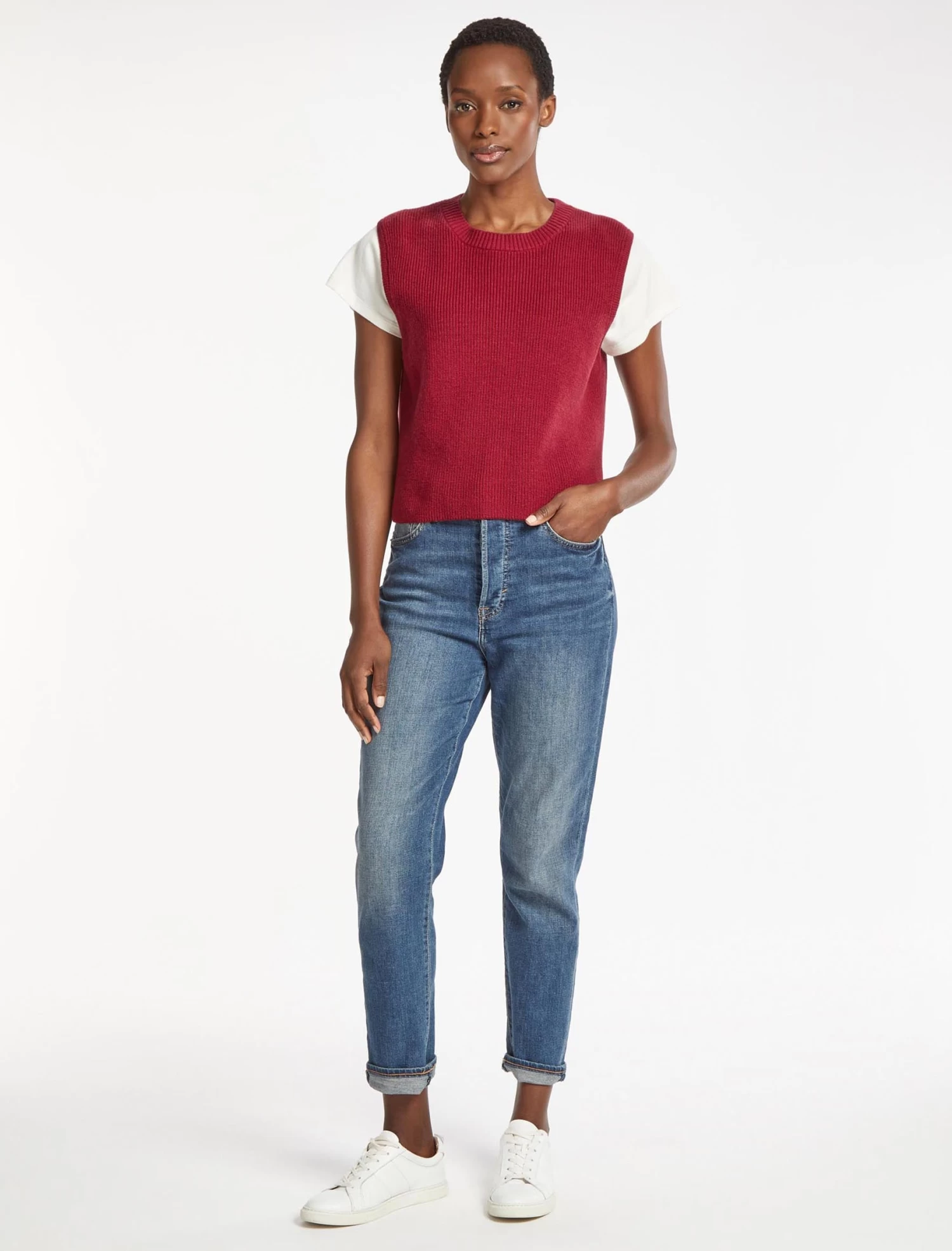 Julie Cotton Round Neck Sleeveless Jumper - Red - Image 2