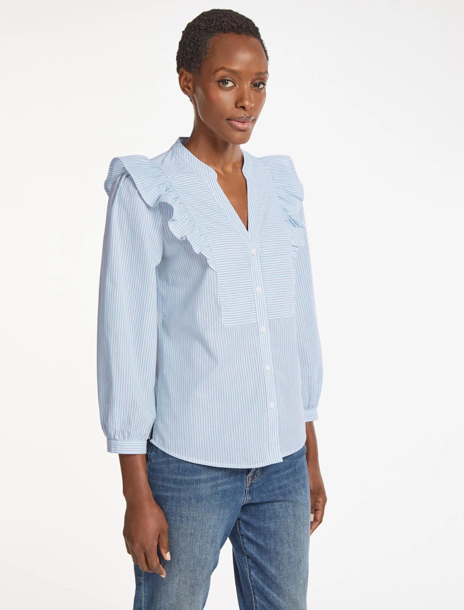 Dixie Organic Cotton V Neck Shirt - Mid Blue White Stripe - Image 4