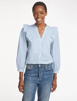 Dixie Organic Cotton V Neck Shirt - Mid Blue White Stripe