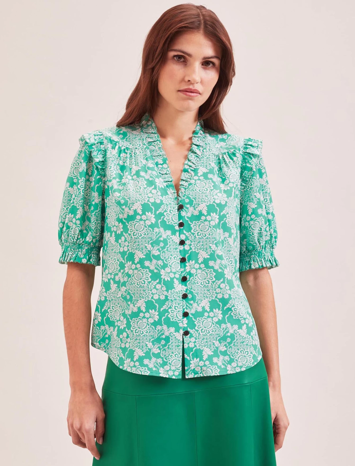 Stella Silk Blouse - Green Damask Print - Image 3