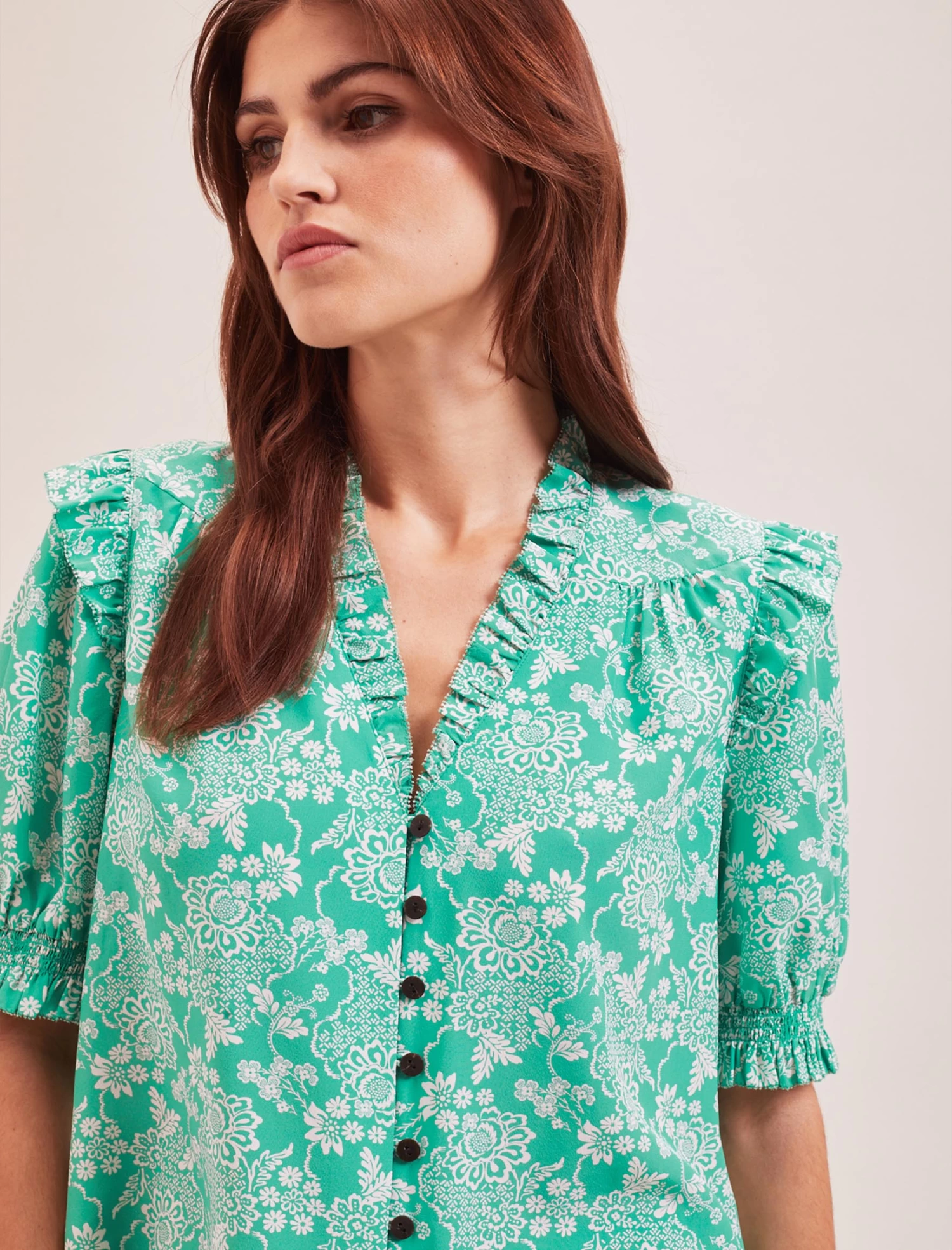 Stella Silk Blouse - Green Damask Print - Image 2
