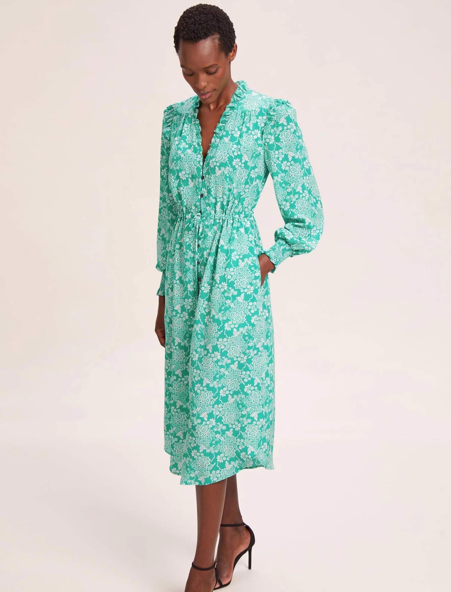 Stella Silk Midi Dress - Green Damask Print - Image 4