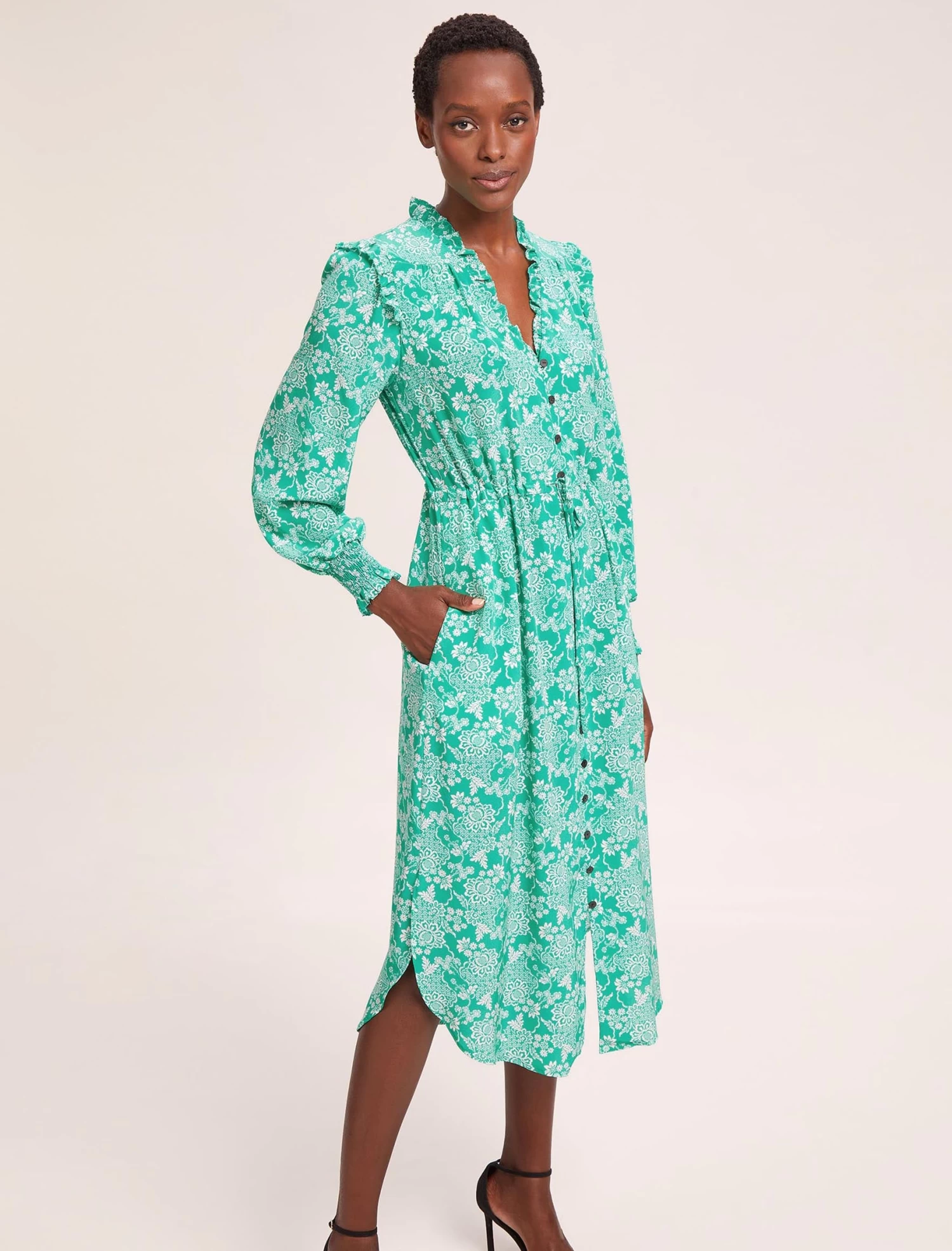 Stella Silk Midi Dress - Green Damask Print - Image 5