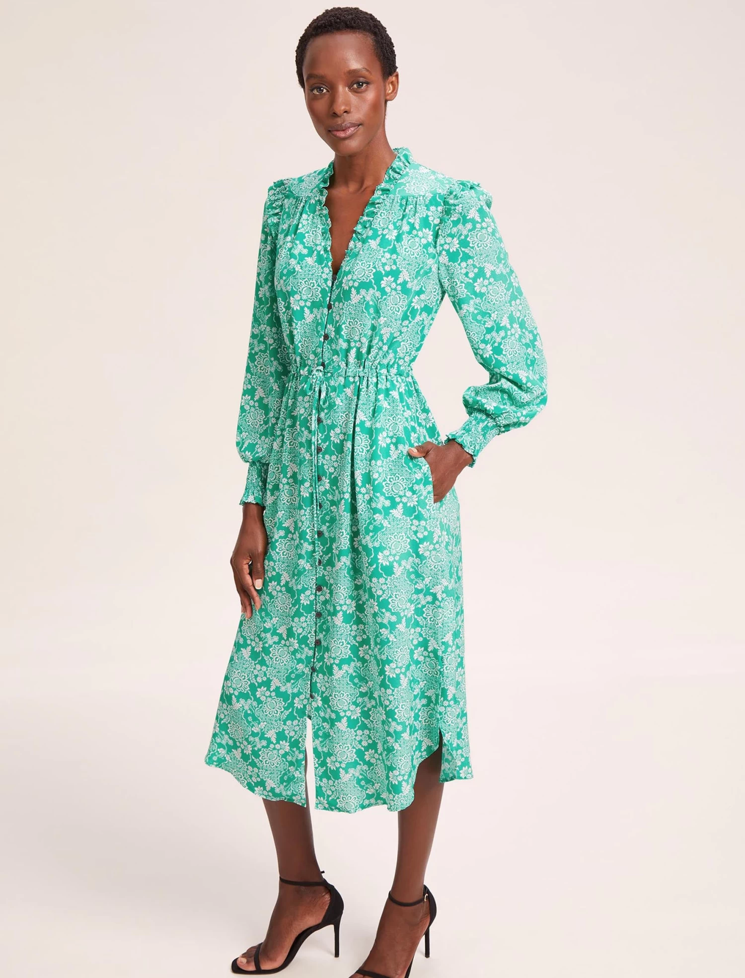 Stella Silk Midi Dress - Green Damask Print - Image 7