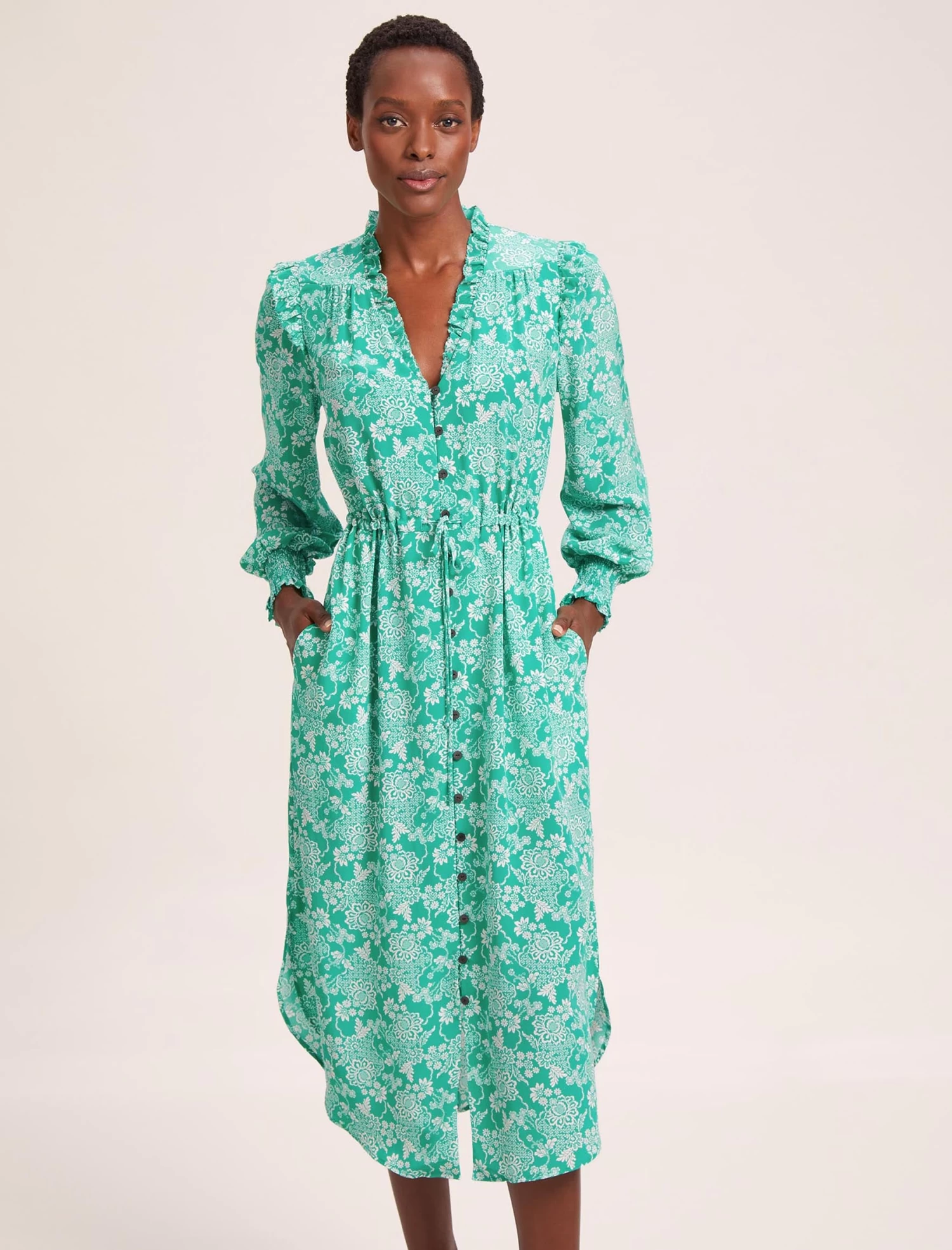 Stella Silk Midi Dress - Green Damask Print - Image 6