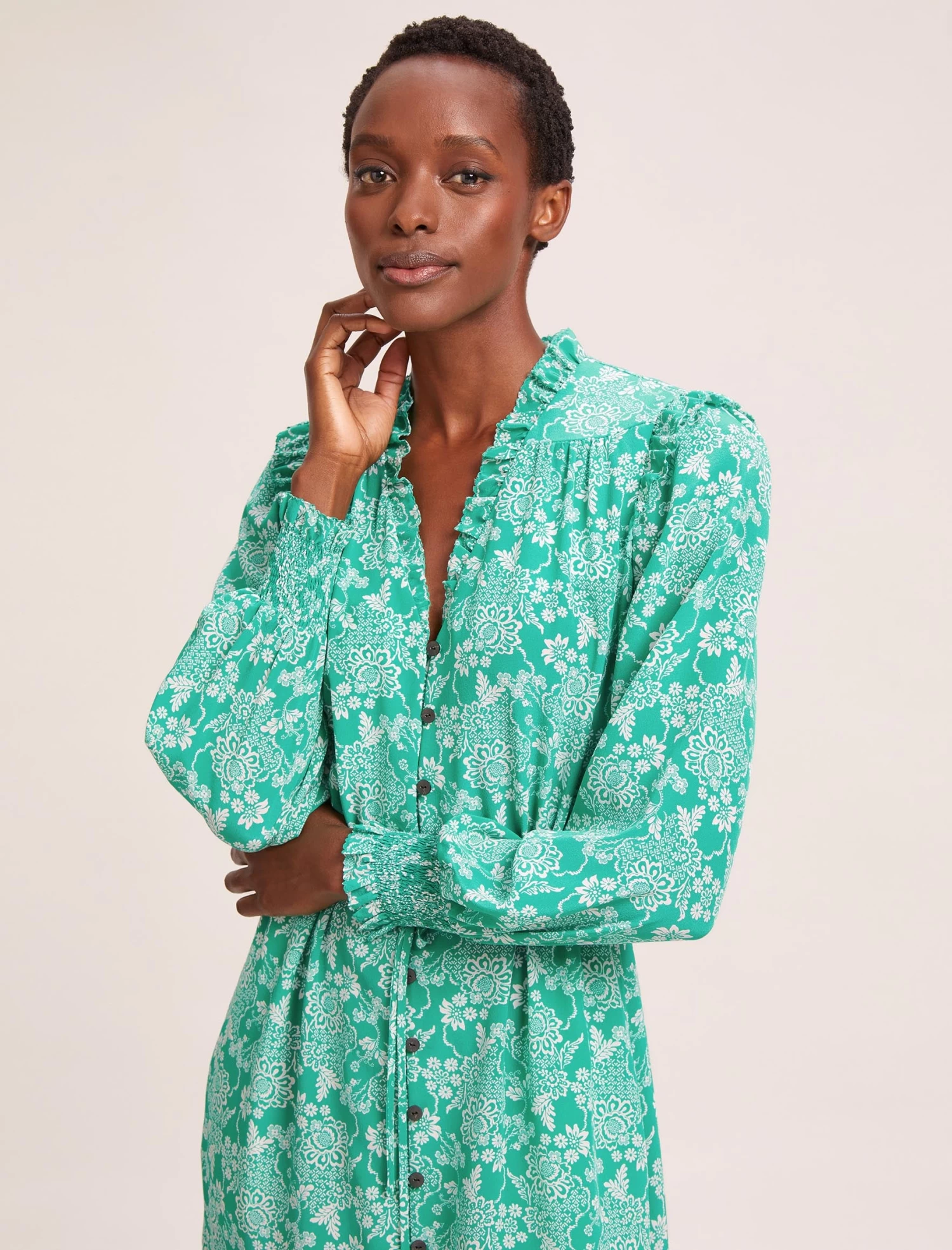 Stella Silk Midi Dress - Green Damask Print - Image 2