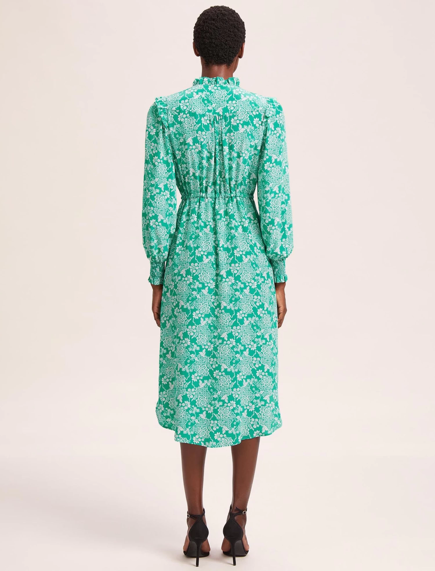 Stella Silk Midi Dress - Green Damask Print - Image 8