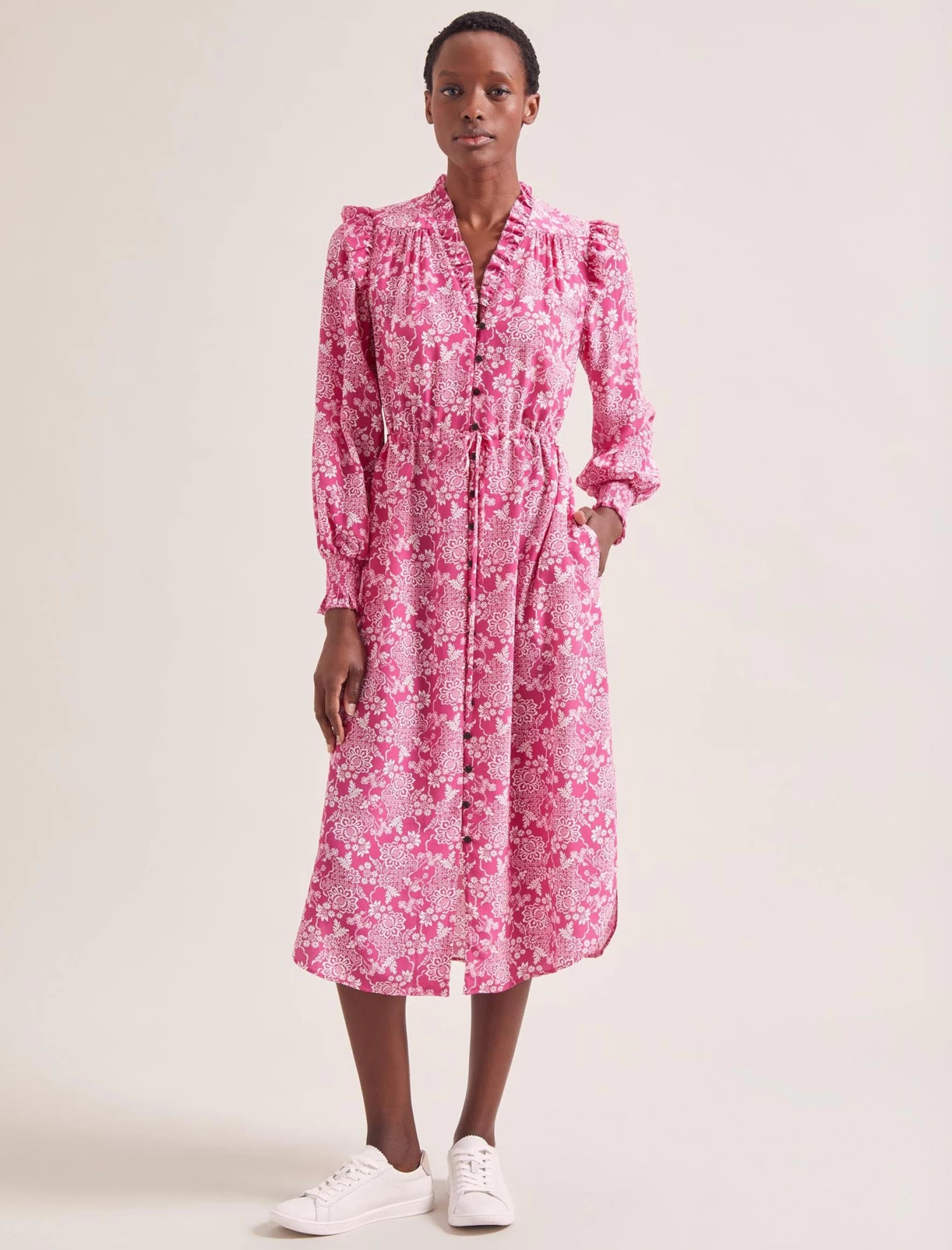 Stella Silk Midi Dress - Hot Pink Damask Print - Image 4