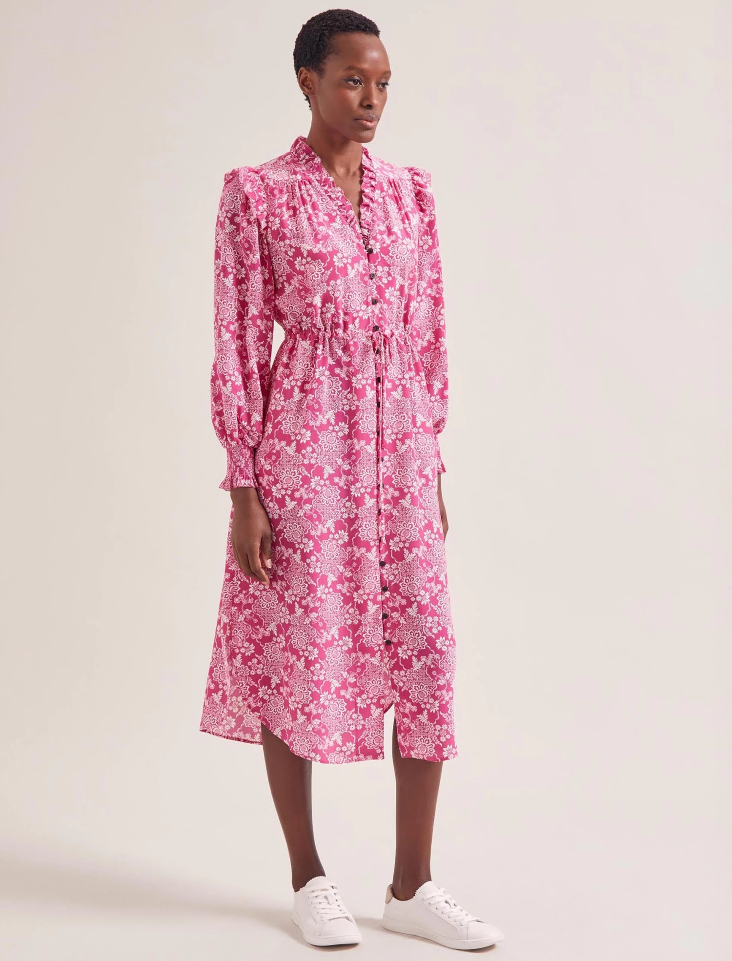 Stella Silk Midi Dress - Hot Pink Damask Print - Image 6