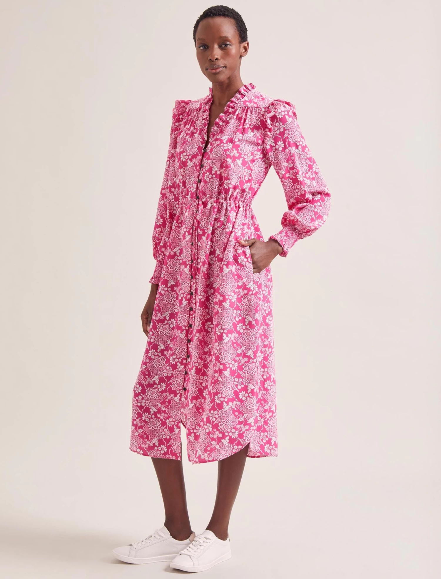 Stella Silk Midi Dress - Hot Pink Damask Print - Image 2