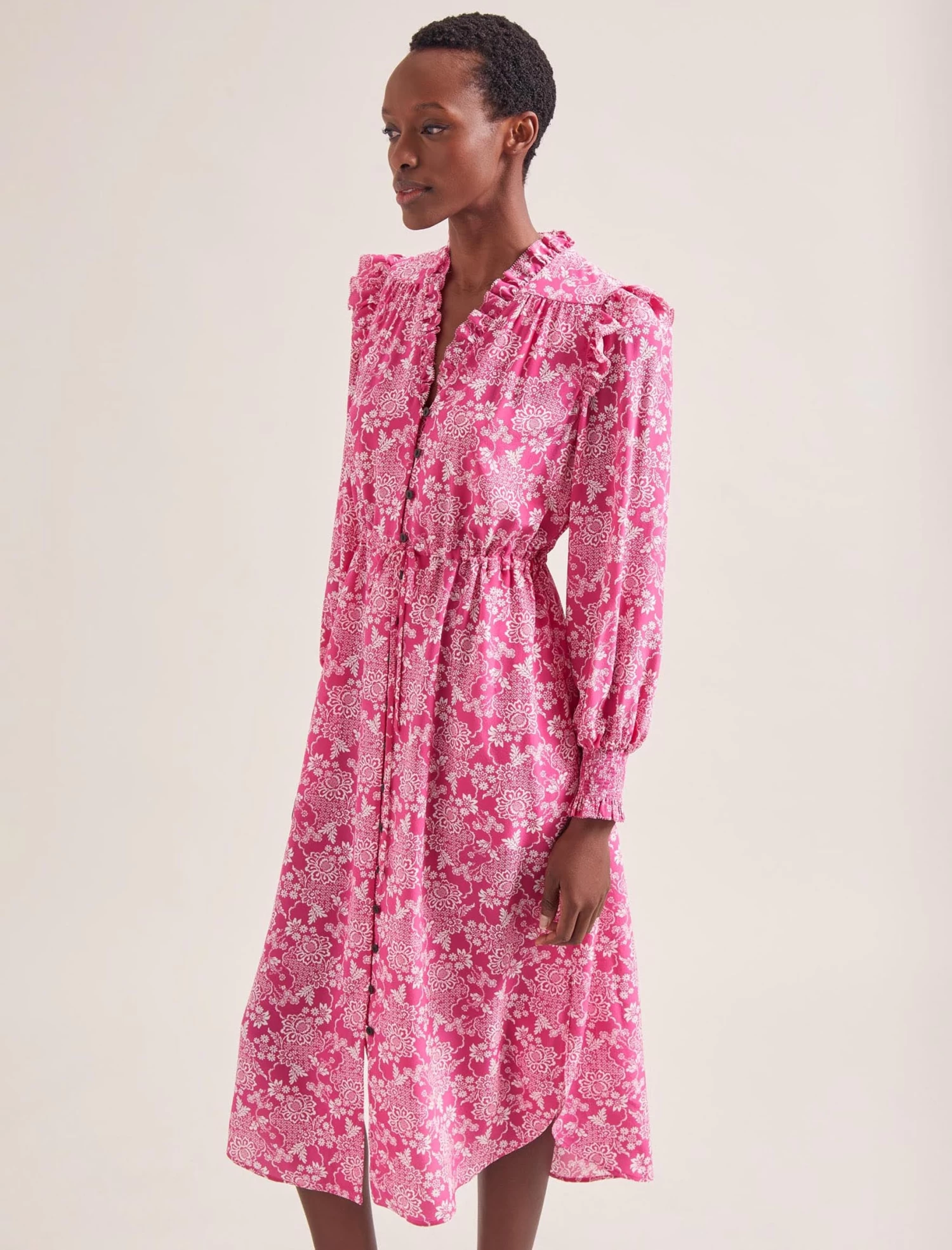 Stella Silk Midi Dress - Hot Pink Damask Print - Image 5