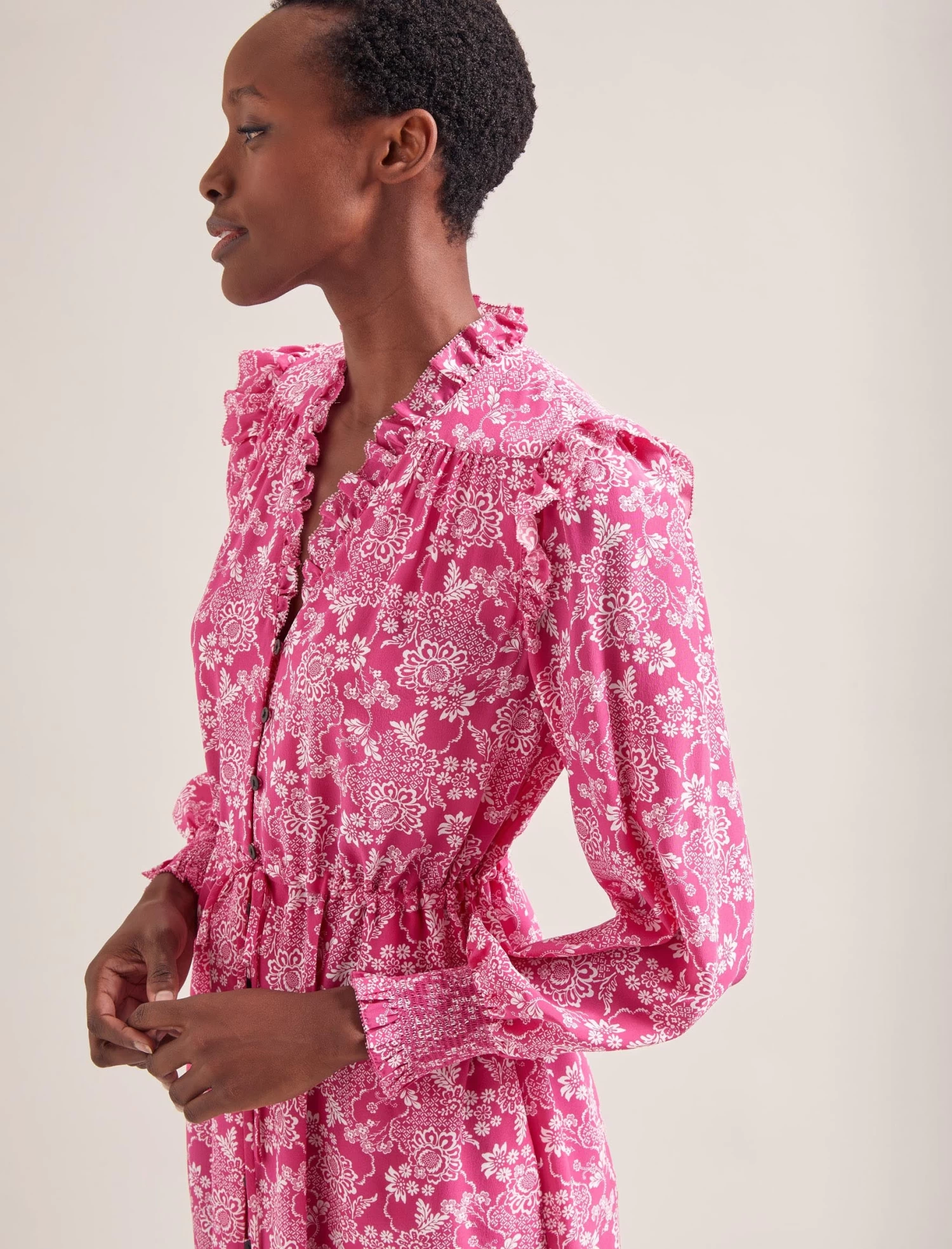 Stella Silk Midi Dress - Hot Pink Damask Print - Image 3