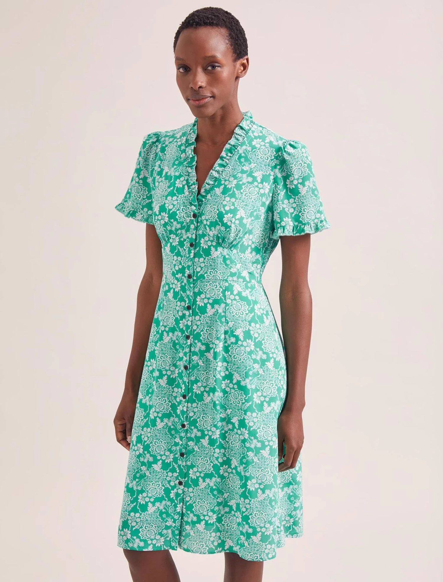 Tabby Silk Tea Dress - Green Damask Print - Image 3