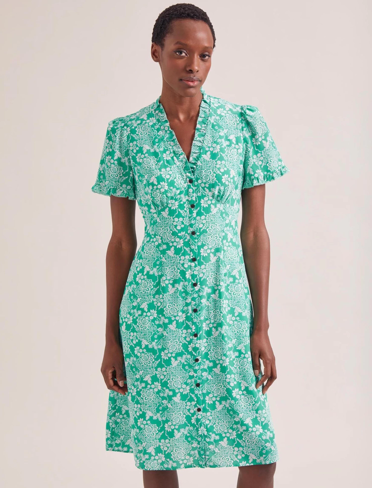 Tabby Silk Tea Dress - Green Damask Print - Image 4