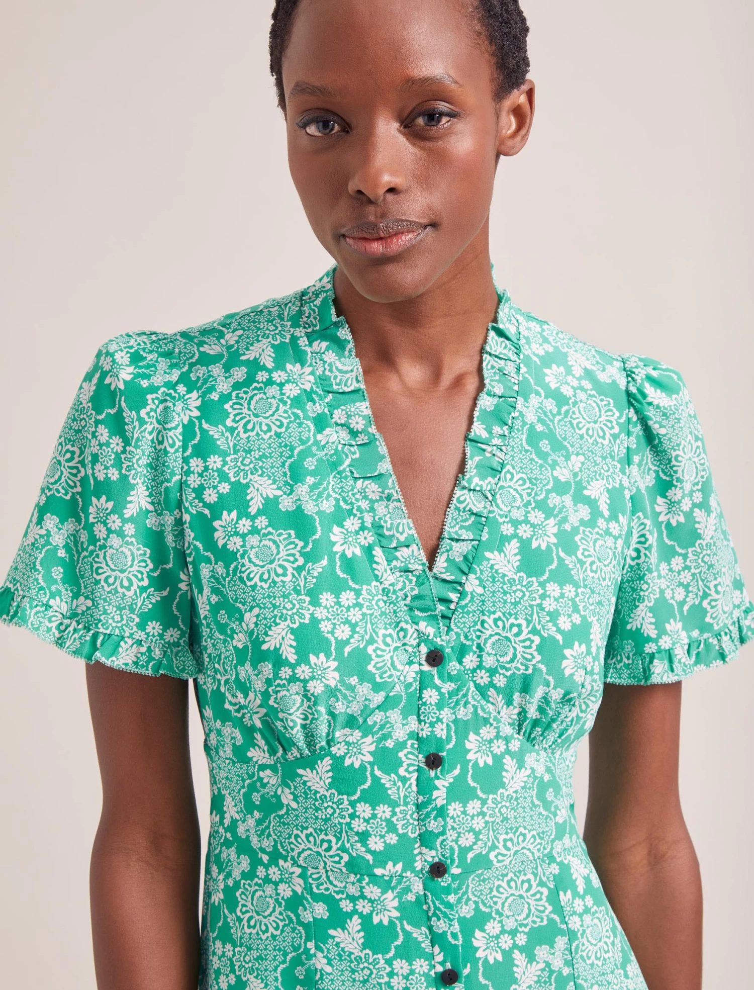 Tabby Silk Tea Dress - Green Damask Print - Image 2