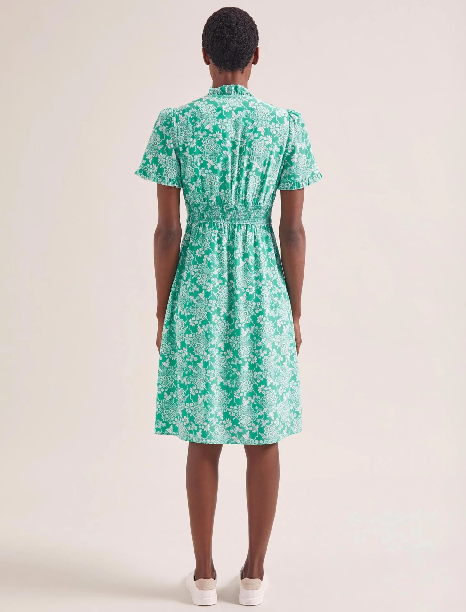 Tabby Silk Tea Dress - Green Damask Print - Image 5