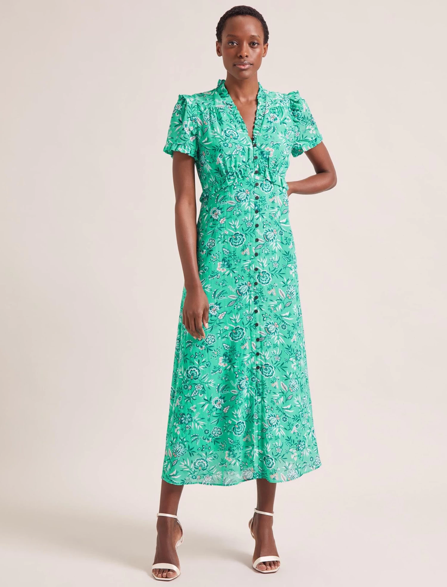 Liliana Cotton Blend Maxi Dress - Green White Palm Floral - Image 3