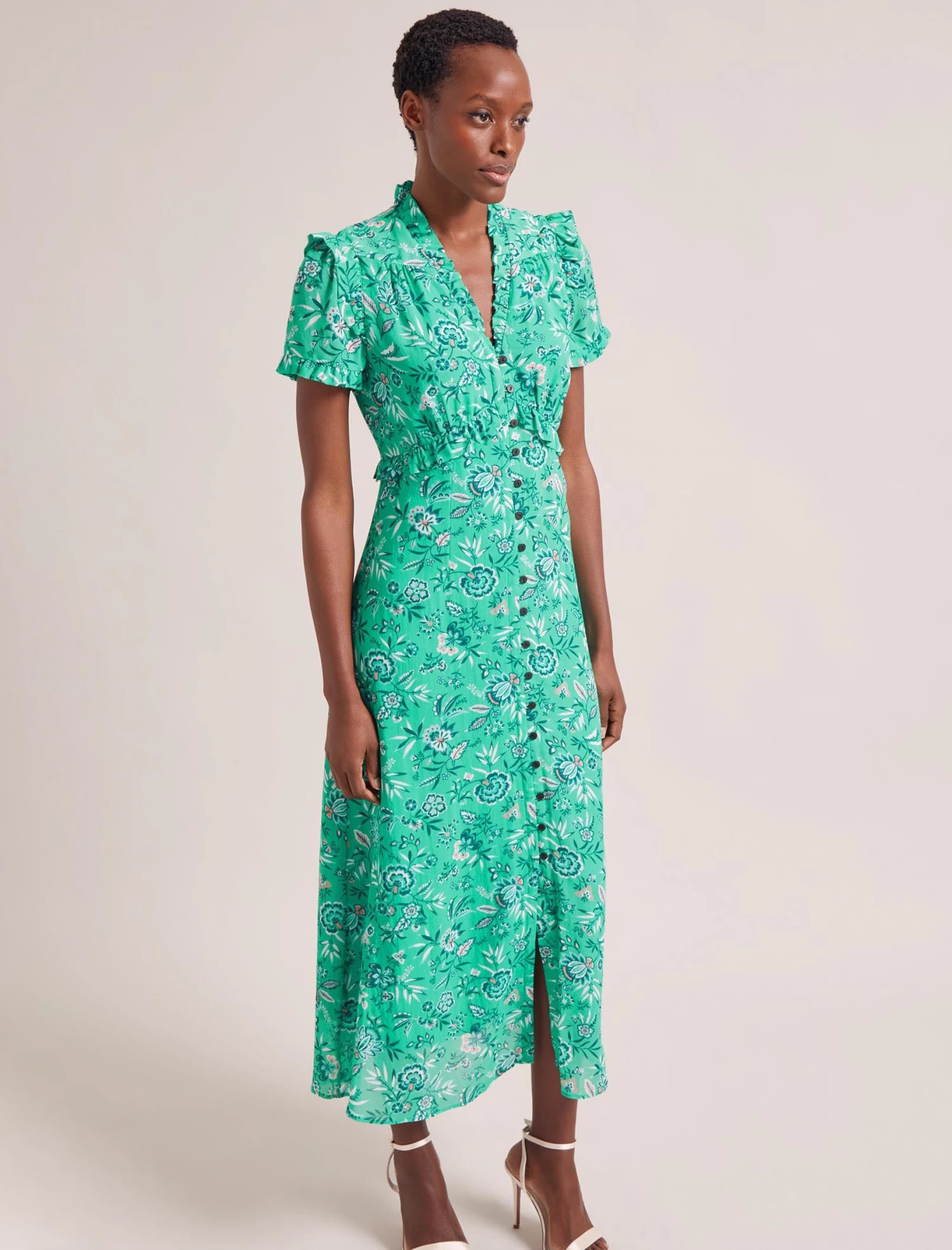 Liliana Cotton Blend Maxi Dress - Green White Palm Floral - Image 5
