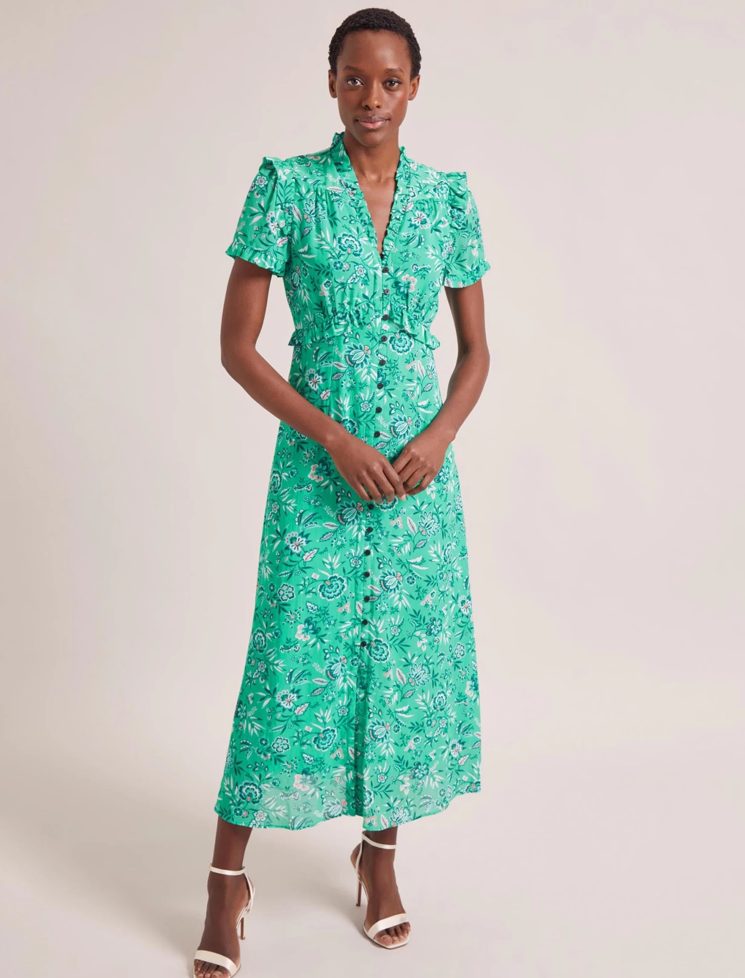 Liliana Cotton Blend Maxi Dress - Green White Palm Floral - Image 4
