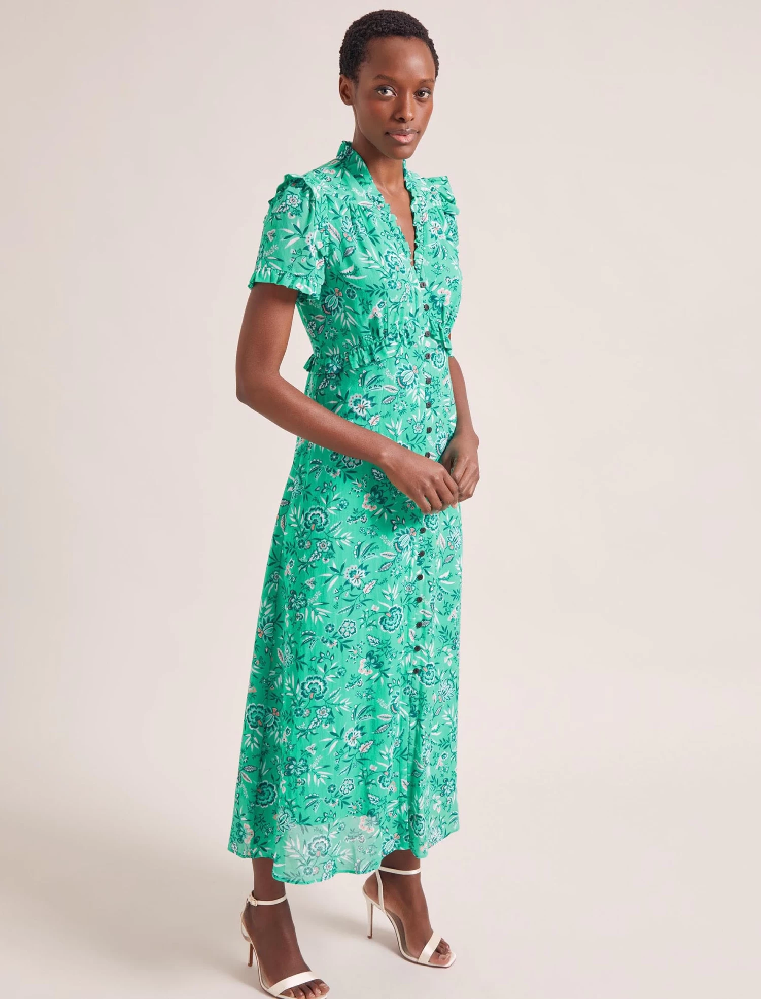Liliana Cotton Blend Maxi Dress - Green White Palm Floral - Image 6