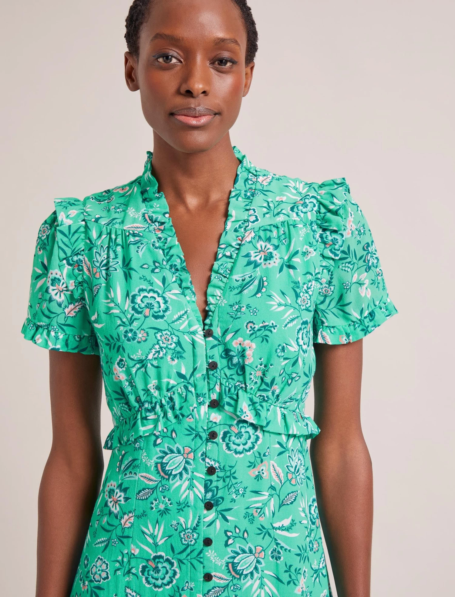 Liliana Cotton Blend Maxi Dress - Green White Palm Floral - Image 2