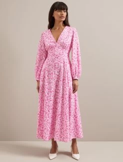 Cora Cotton Blend Maxi Dress - Hot Pink Blossom Print