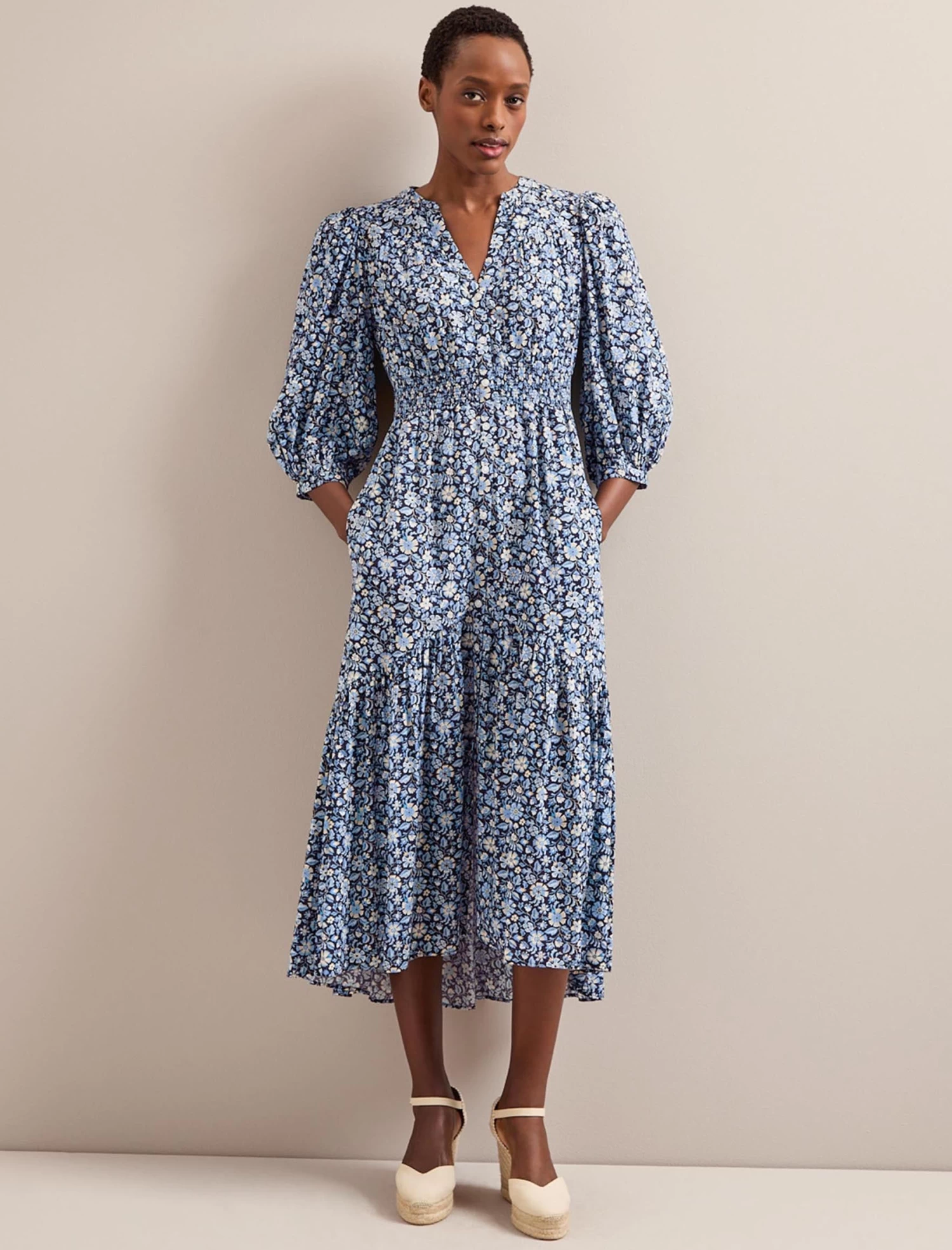 Aspen Cotton Blend Maxi Dress - Blue Ditsy Carnation Print - Image 3