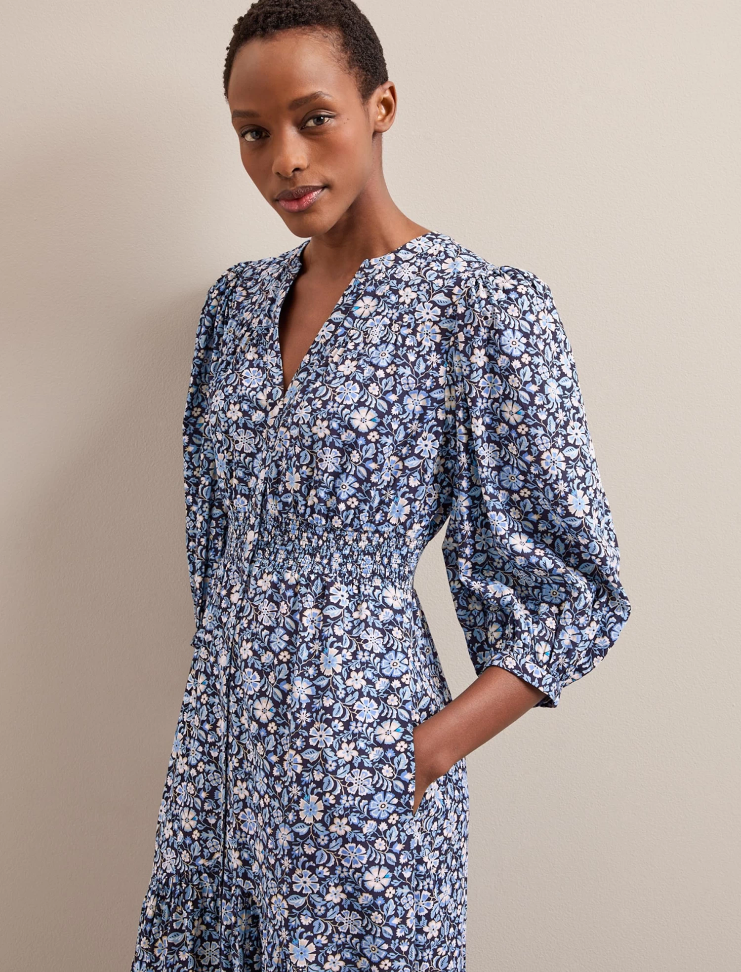 Aspen Cotton Blend Maxi Dress - Blue Ditsy Carnation Print - Image 2