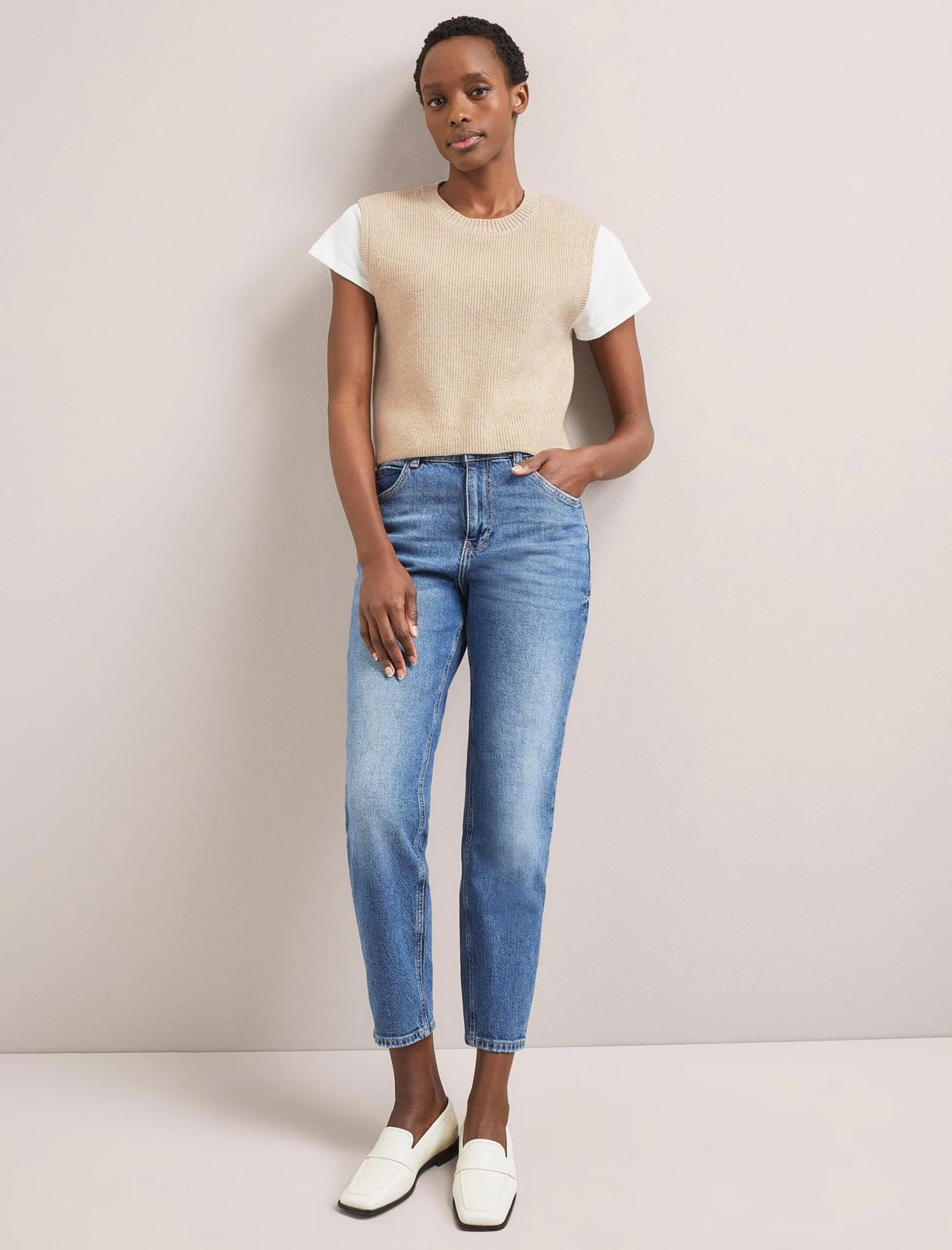 Julie Cotton Round Neck Sleeveless Jumper - Oatmeal - Image 2