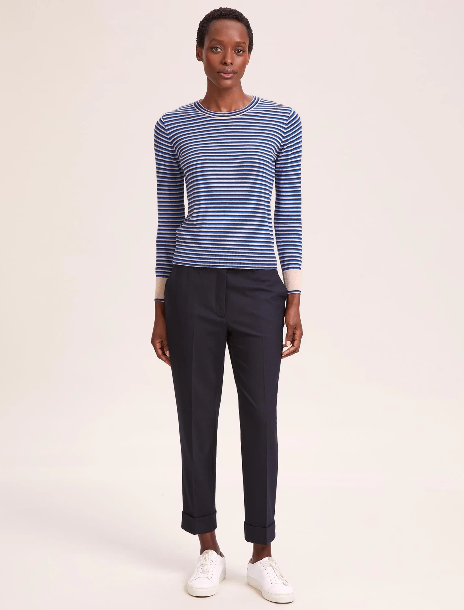 Jodi Cotton Jumper - Navy Blue Beige Stripe - Image 6