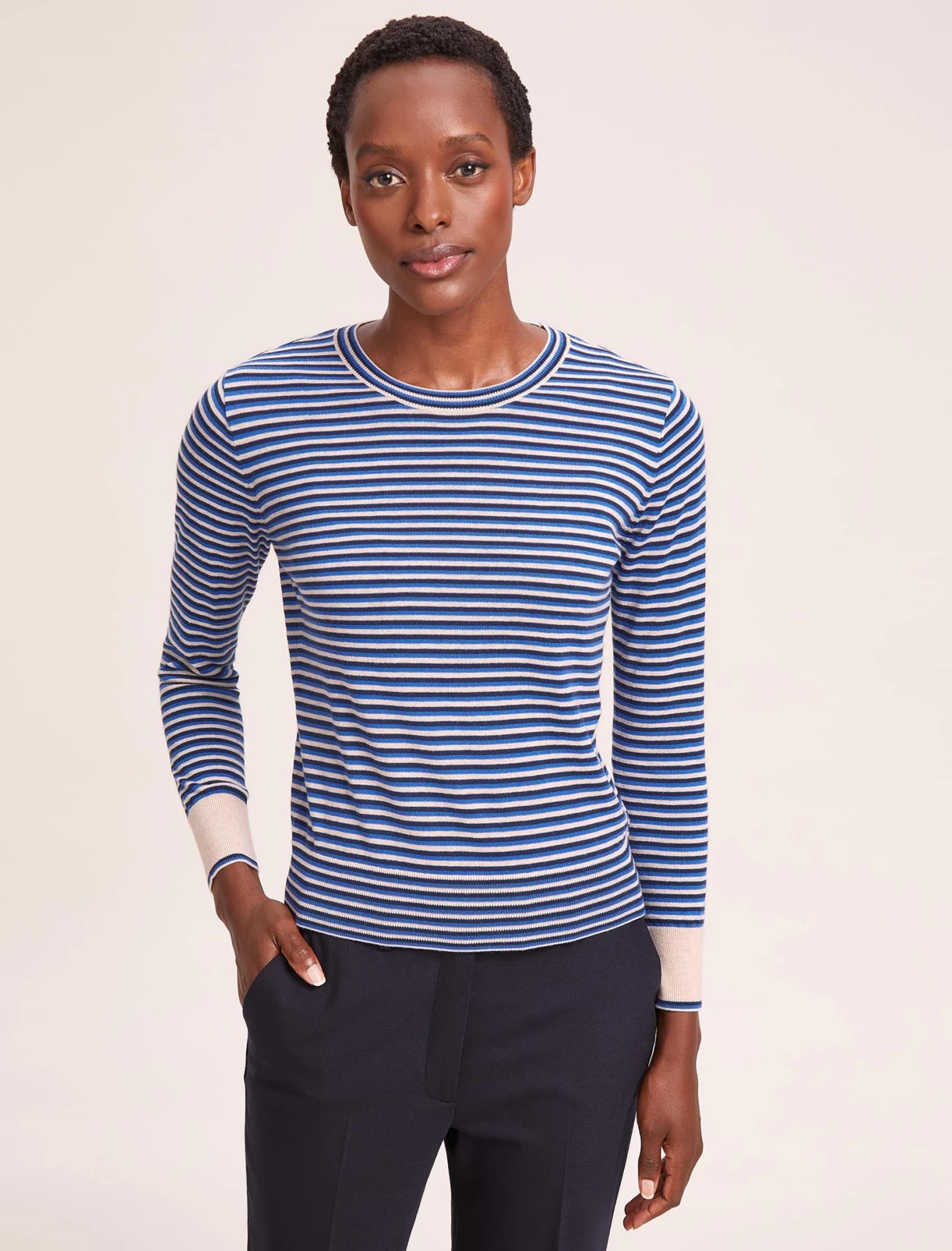 Jodi Cotton Jumper - Navy Blue Beige Stripe - Image 5