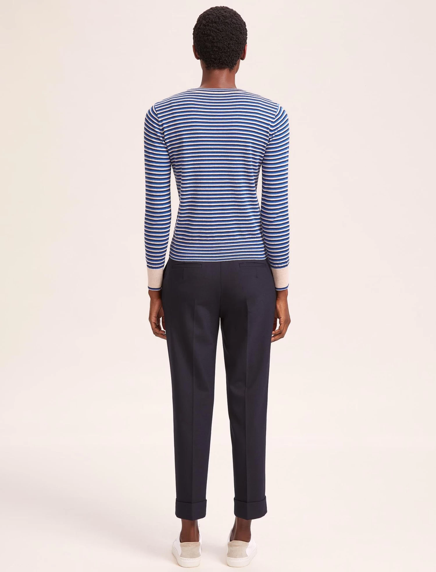 Jodi Cotton Jumper - Navy Blue Beige Stripe - Image 8