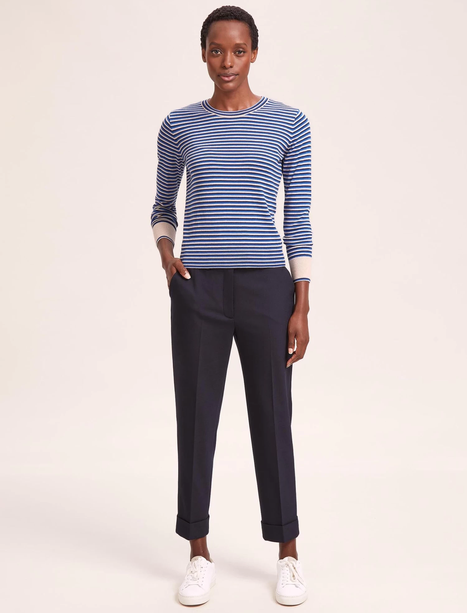 Jodi Cotton Jumper - Navy Blue Beige Stripe - Image 2