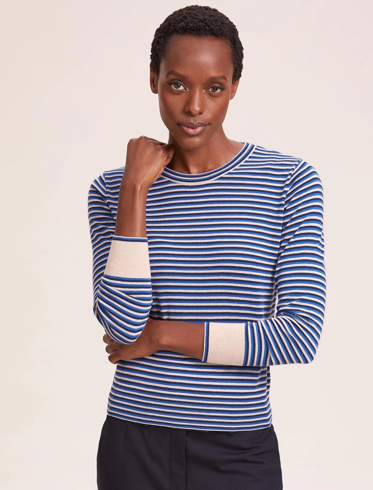 Jodi Cotton Jumper - Navy Blue Beige Stripe - Image 3