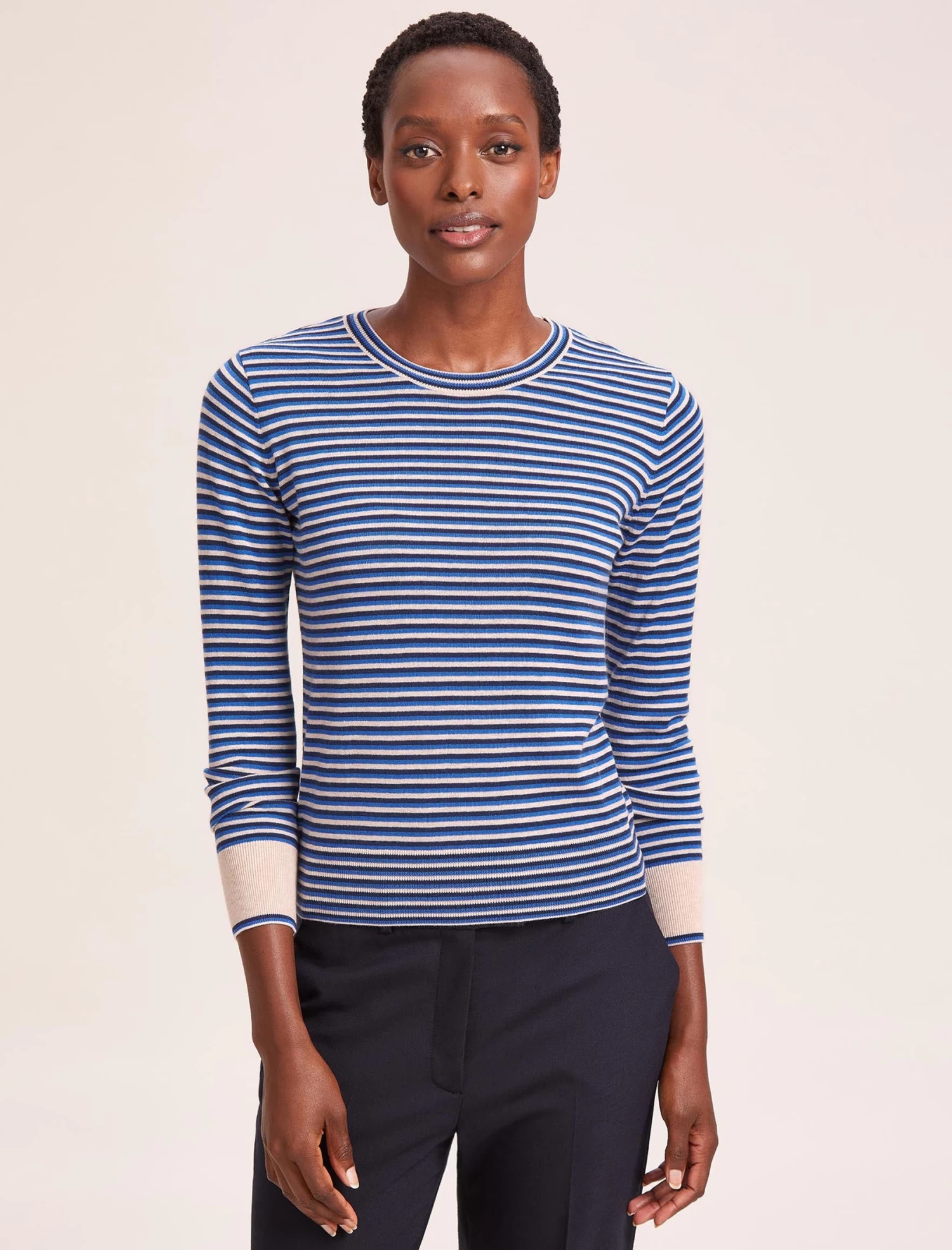 Jodi Cotton Jumper - Navy Blue Beige Stripe - Image 7