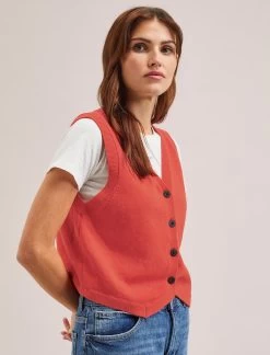 Wesley Cotton Blend V Neck Waistcoat - Dark Orange