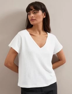 Madison Linen Blend V Neck Knit T-Shirt - White
