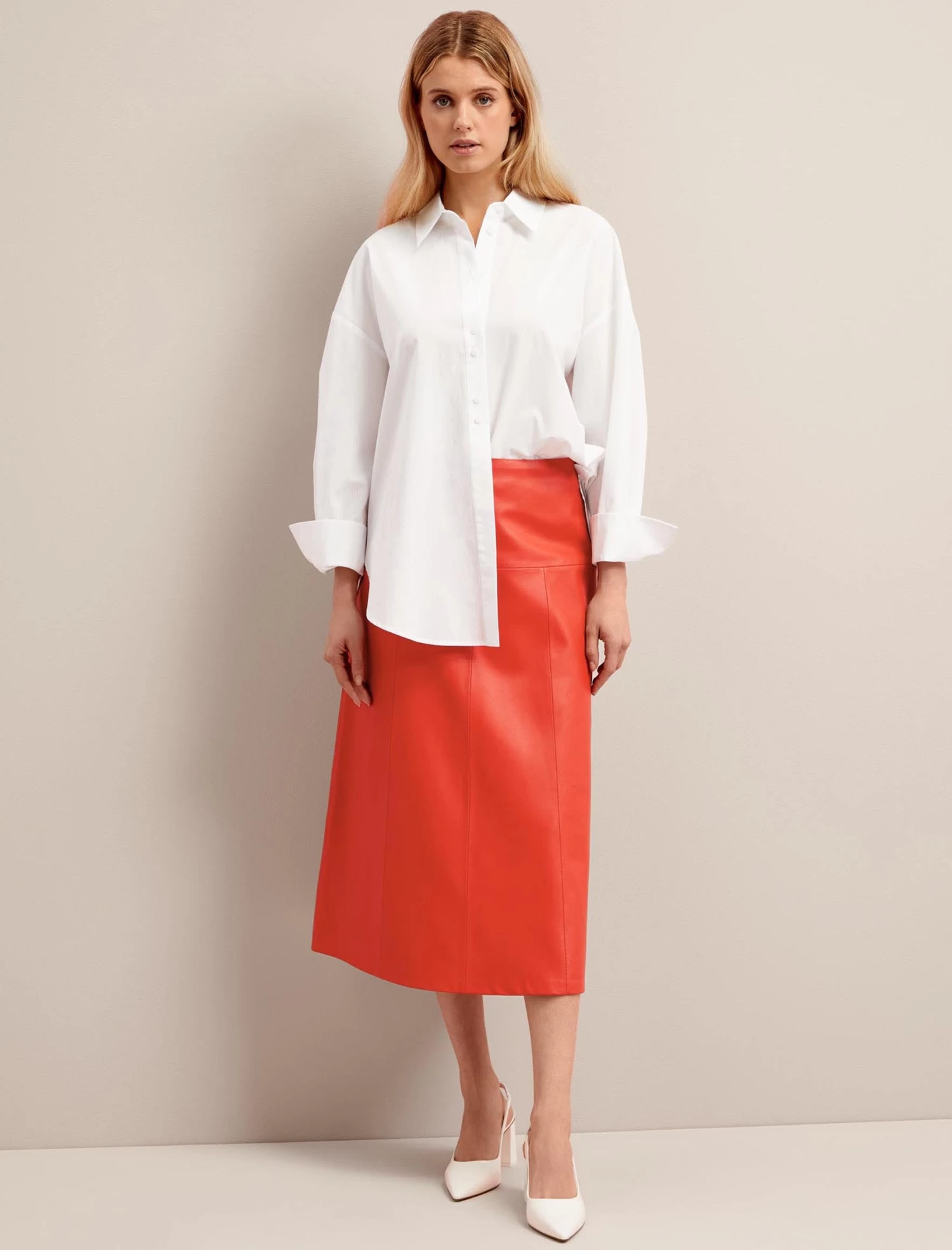 Tiana Leather Midi Skirt - Orange - Image 3