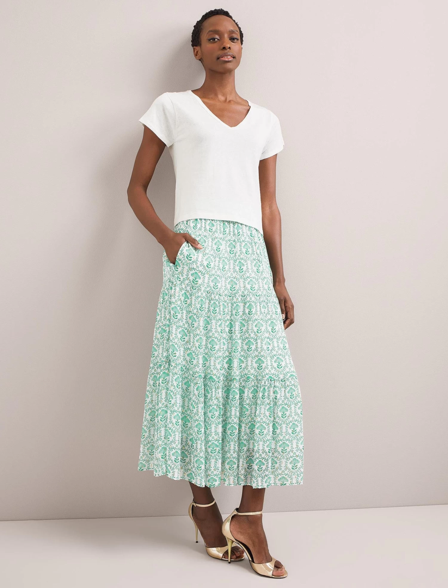Sedra Gold Metallic Fil Coupé Maxi Skirt - Pale Green Carnation Print - Image 5