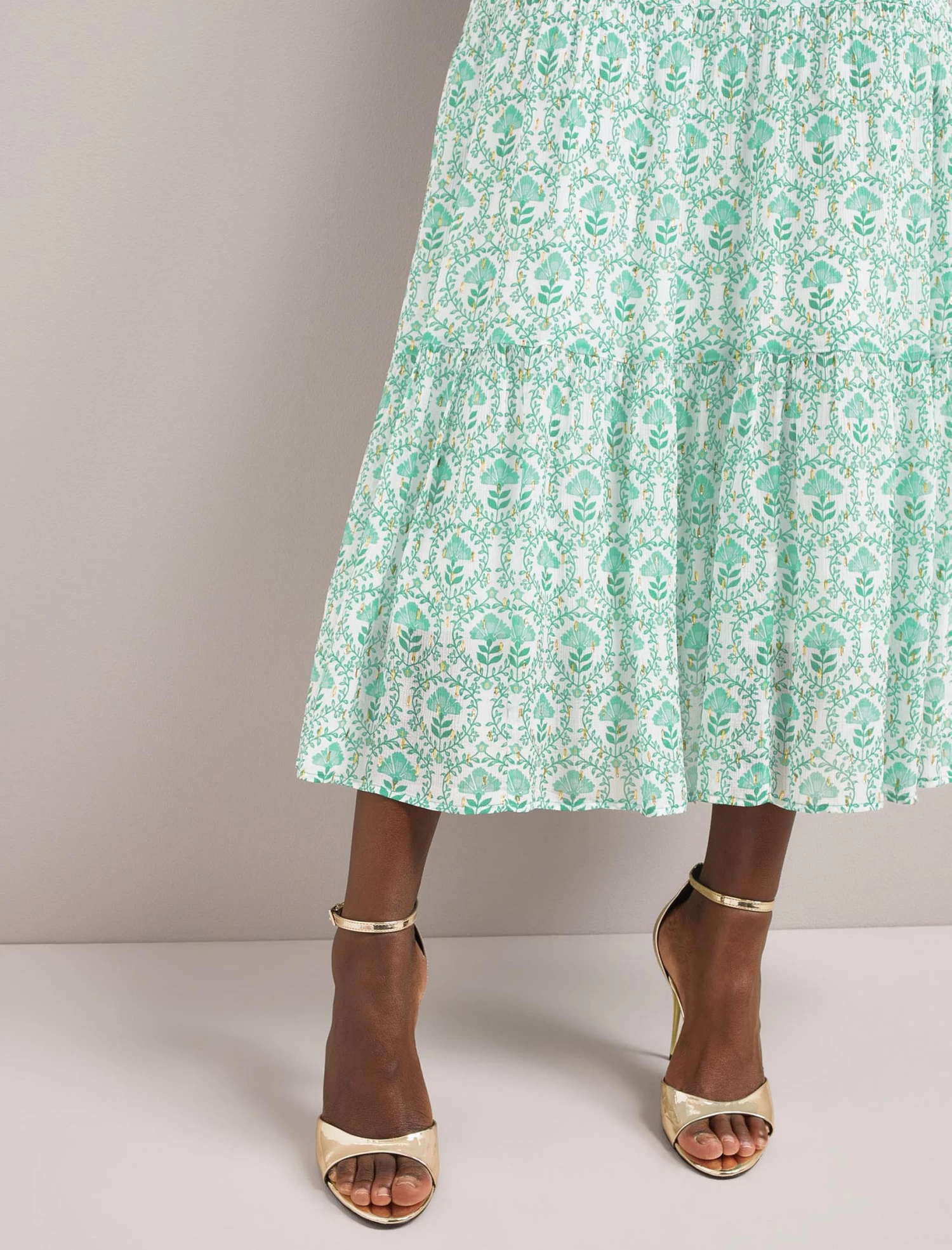 Sedra Gold Metallic Fil Coupé Maxi Skirt - Pale Green Carnation Print - Image 3