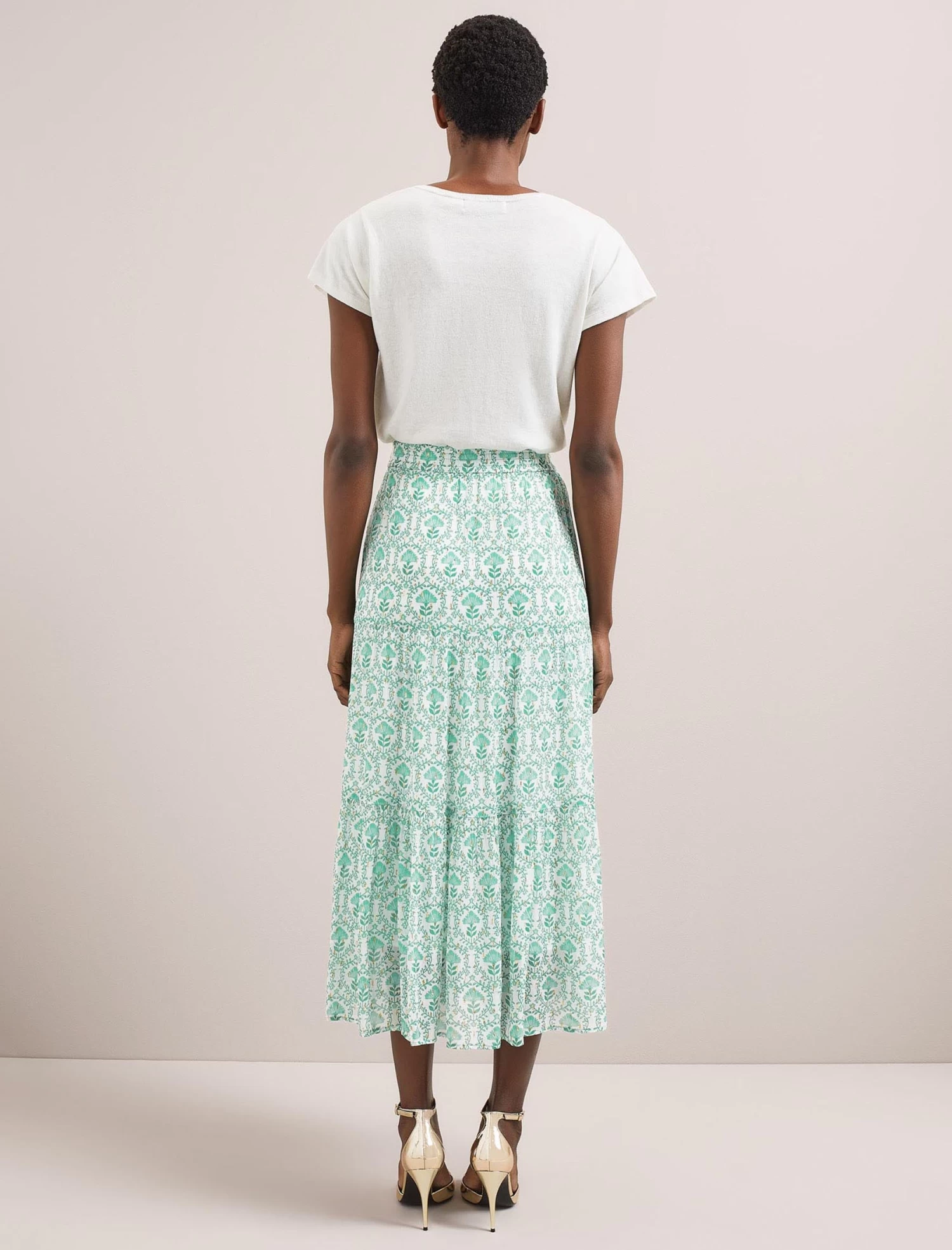 Sedra Gold Metallic Fil Coupé Maxi Skirt - Pale Green Carnation Print - Image 8