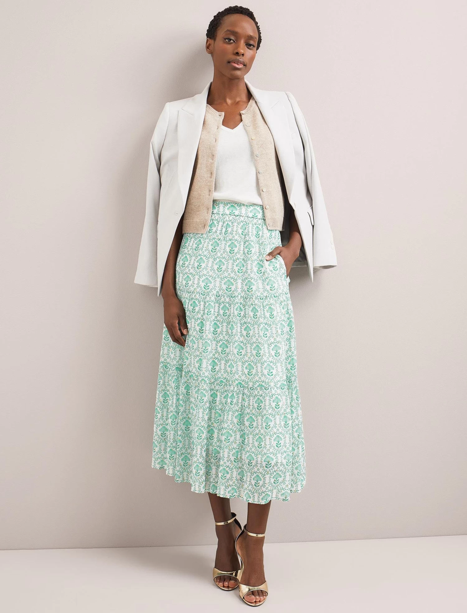 Sedra Gold Metallic Fil Coupé Maxi Skirt - Pale Green Carnation Print - Image 2