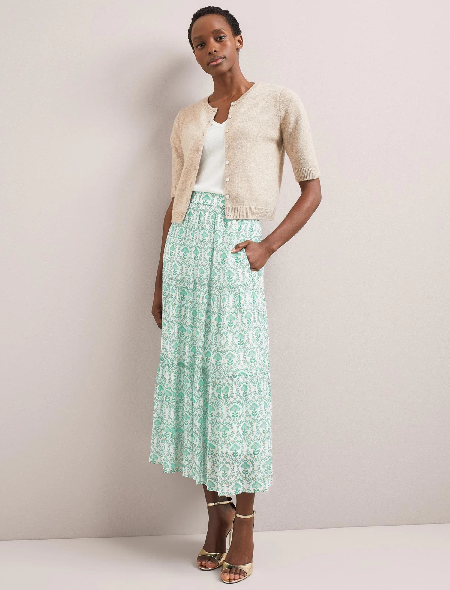 Sedra Gold Metallic Fil Coupé Maxi Skirt - Pale Green Carnation Print - Image 4