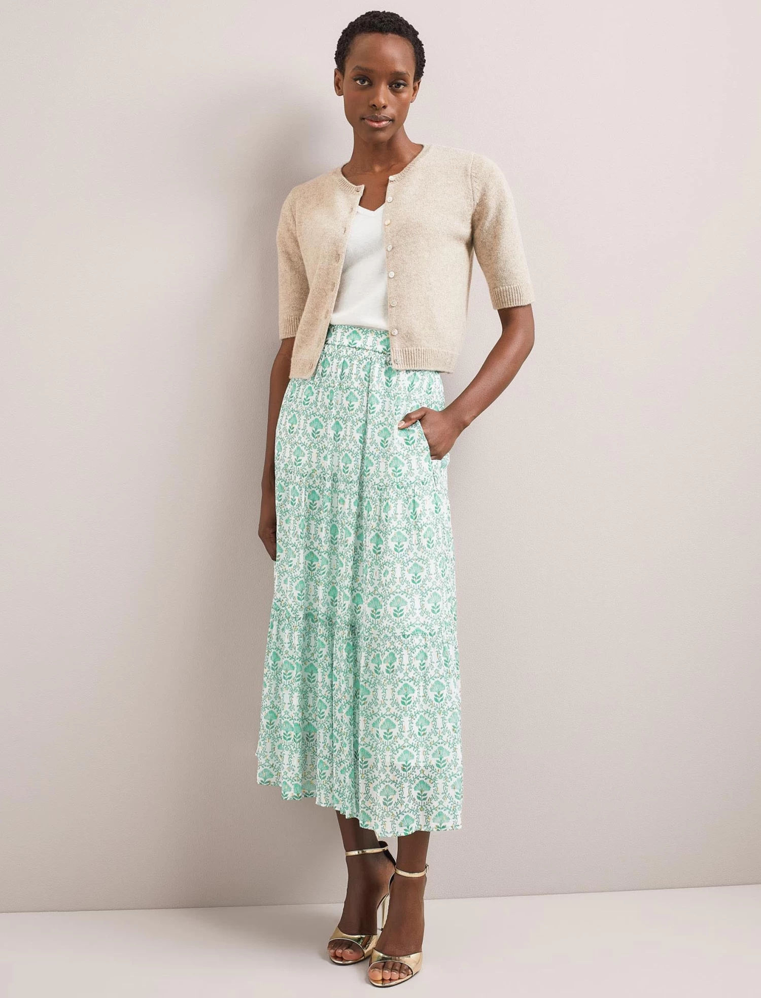 Sedra Gold Metallic Fil Coupé Maxi Skirt - Pale Green Carnation Print - Image 7