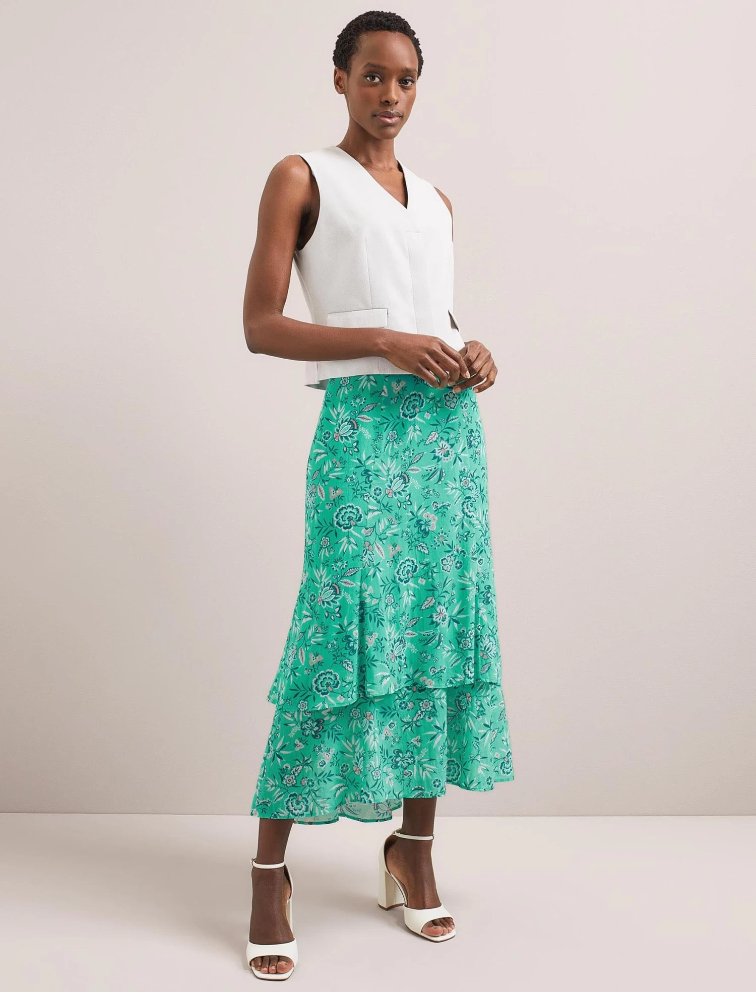 Lotta Cotton Blend Maxi Skirt - Green White Palm Floral - Image 7
