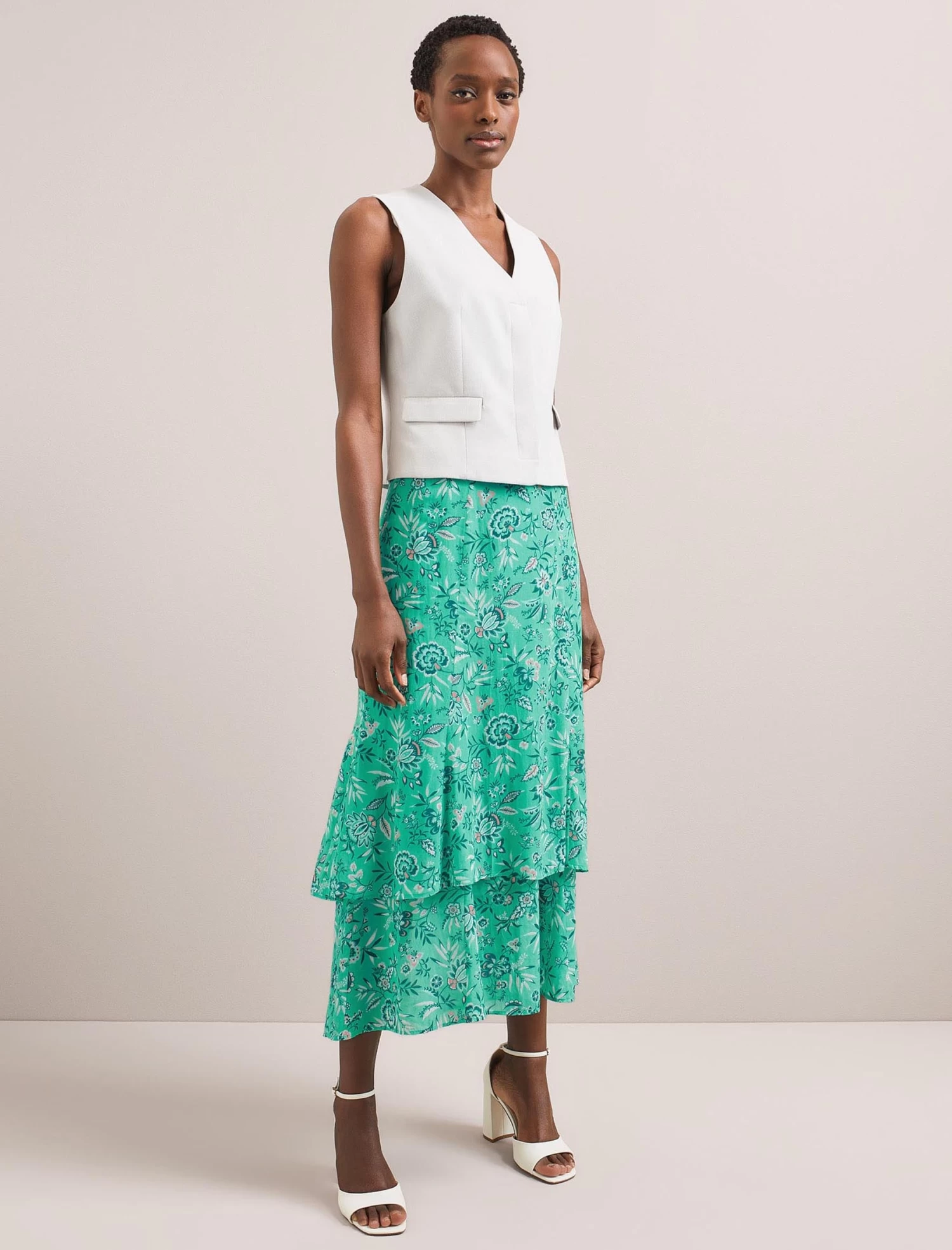 Lotta Cotton Blend Maxi Skirt - Green White Palm Floral - Image 5
