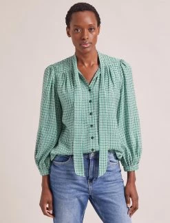 Aubrey Shirt - Ecru Green Houndstooth Print