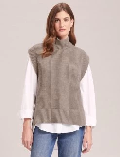 Janice Cashmere Blend Funnel Neck Sleeveless Jumper - Taupe